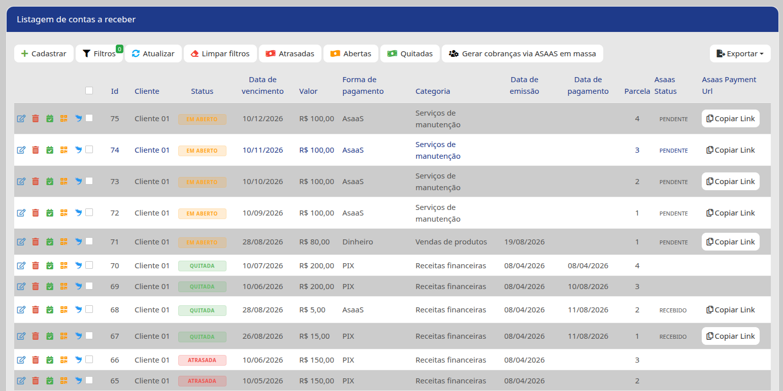 Tela real do módulo financeiro do Workflow Cloud